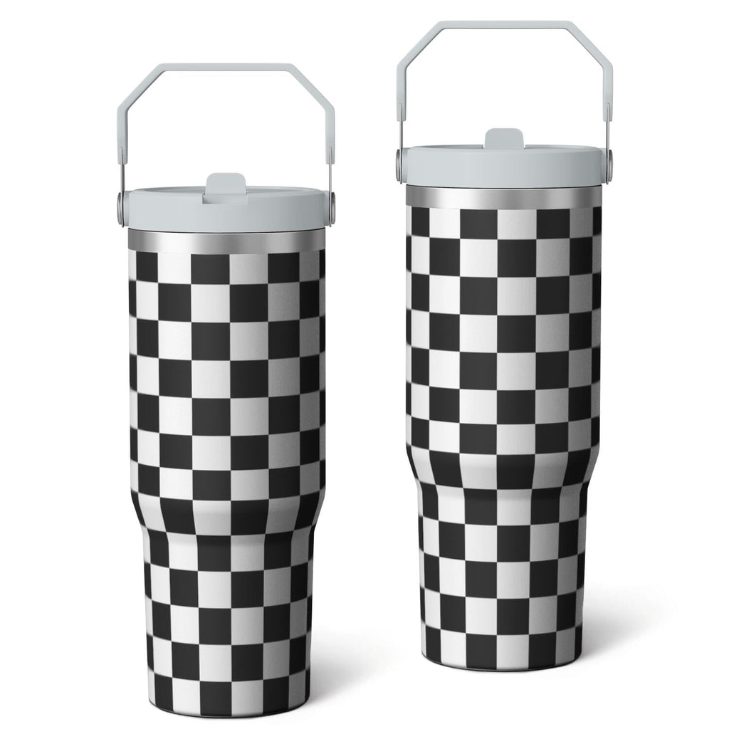 1pc Black and white grid 30oz Tumbler with Straw & Handle - Insulated Stainless Steel Cup | Holiday Gift for Man Women (Christmas, Valentine's, Birthday)