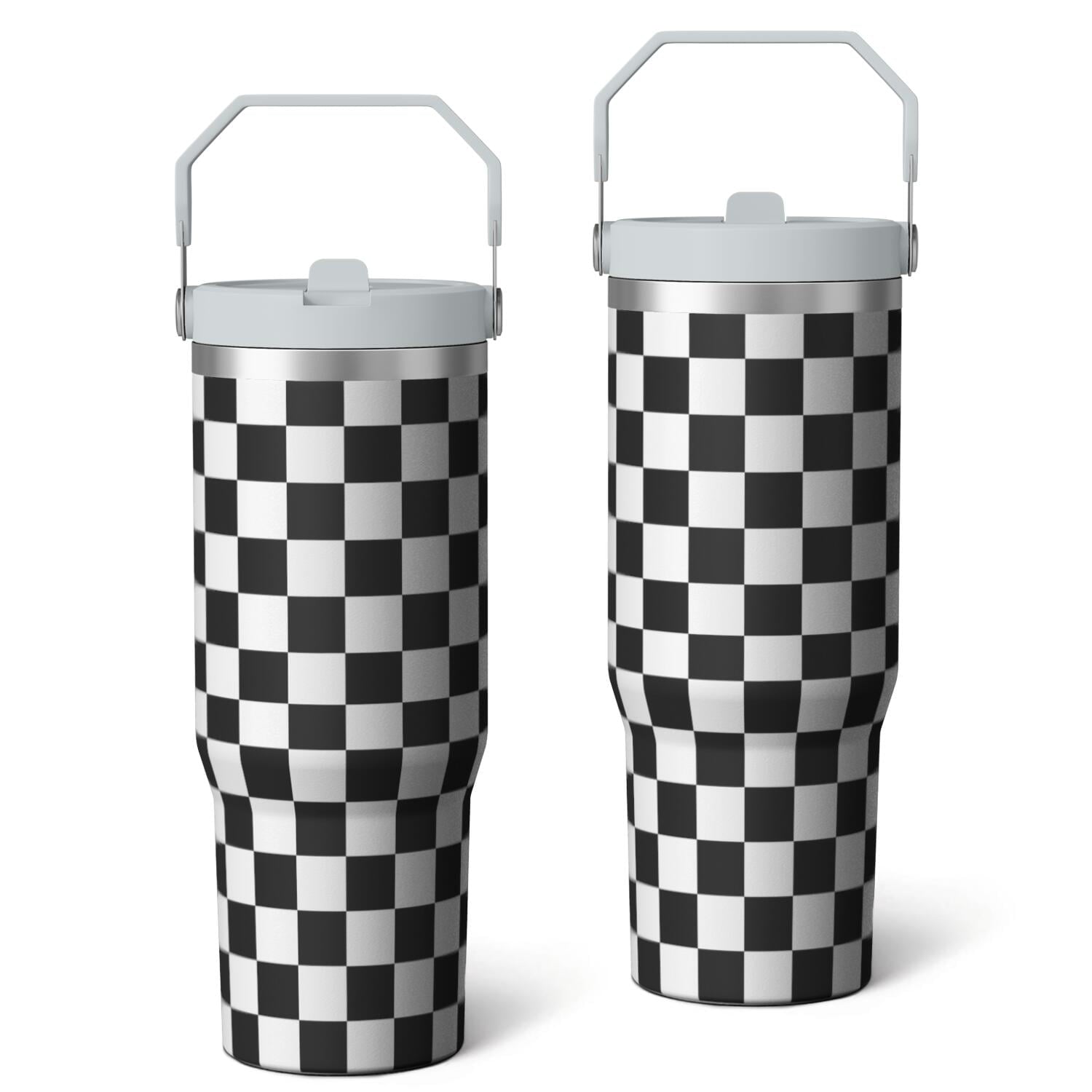 1pc Black and white grid 30oz Tumbler with Straw & Handle - Insulated Stainless Steel Cup | Holiday Gift for Man Women (Christmas, Valentine's, Birthday)