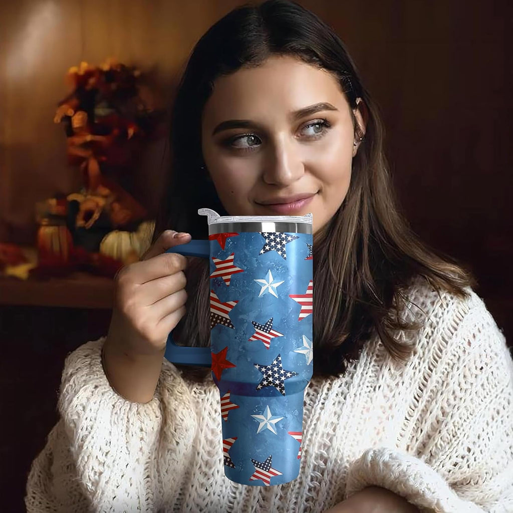 40oz American Flag 4th of july Tumbler With Handle and Straw, Gifts For Memorial Day Veterans day Independence day, Patriots Coffee Mug Water Bottle, Labor Day Stainless Steel Insulated Cup