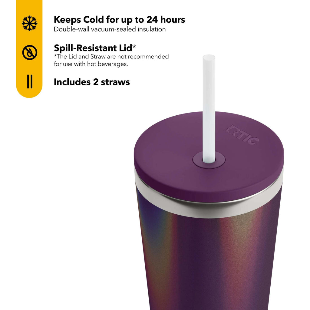 RTIC 28 oz Ceramic Lined Everyday Tumbler, Spill-Resistant Straw Lid, Plum Glitter