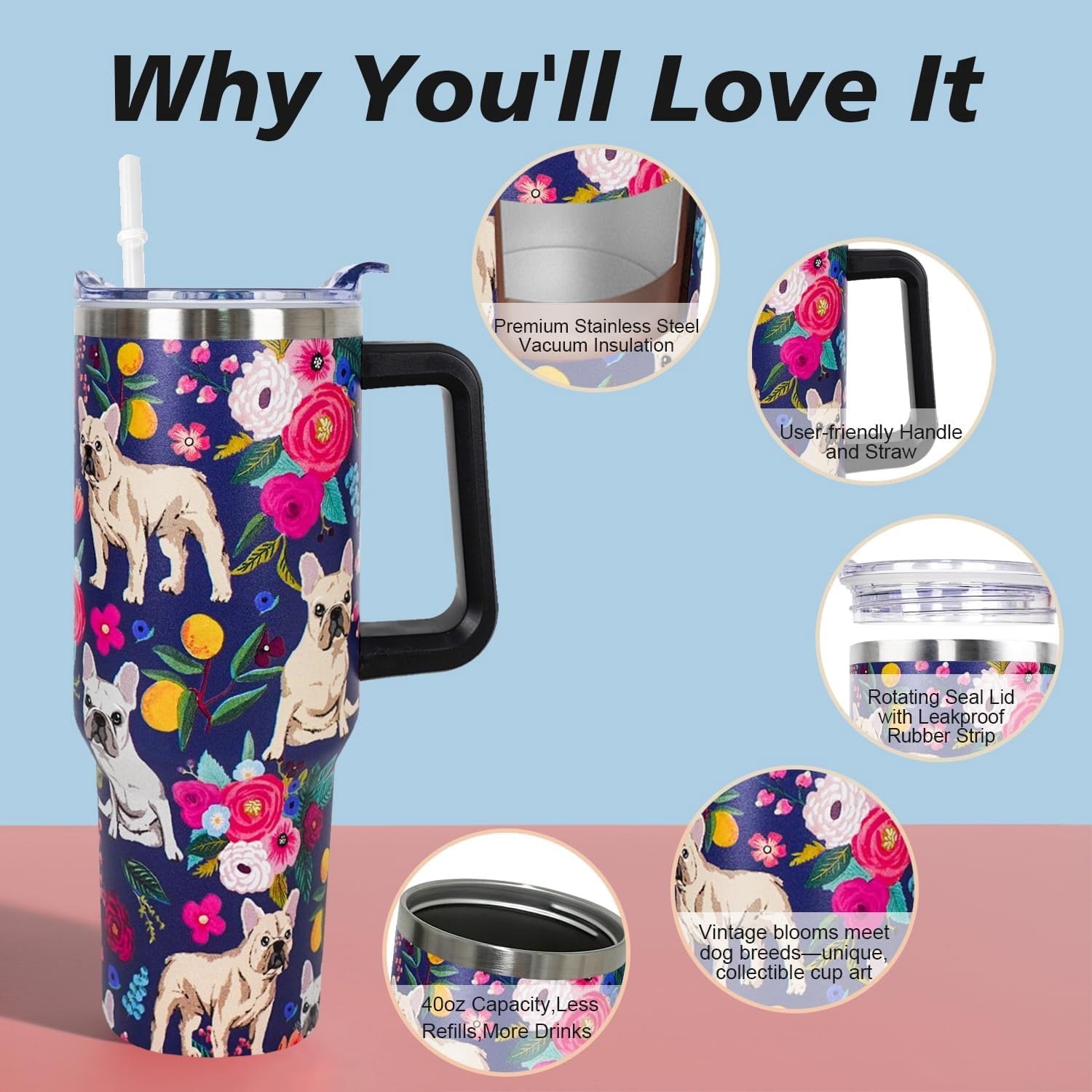 Pitbull Gifts Dog Tumbler Cup for Women Men 40oz Stainless Steel Insulated Travel Mug with Lid and Straw