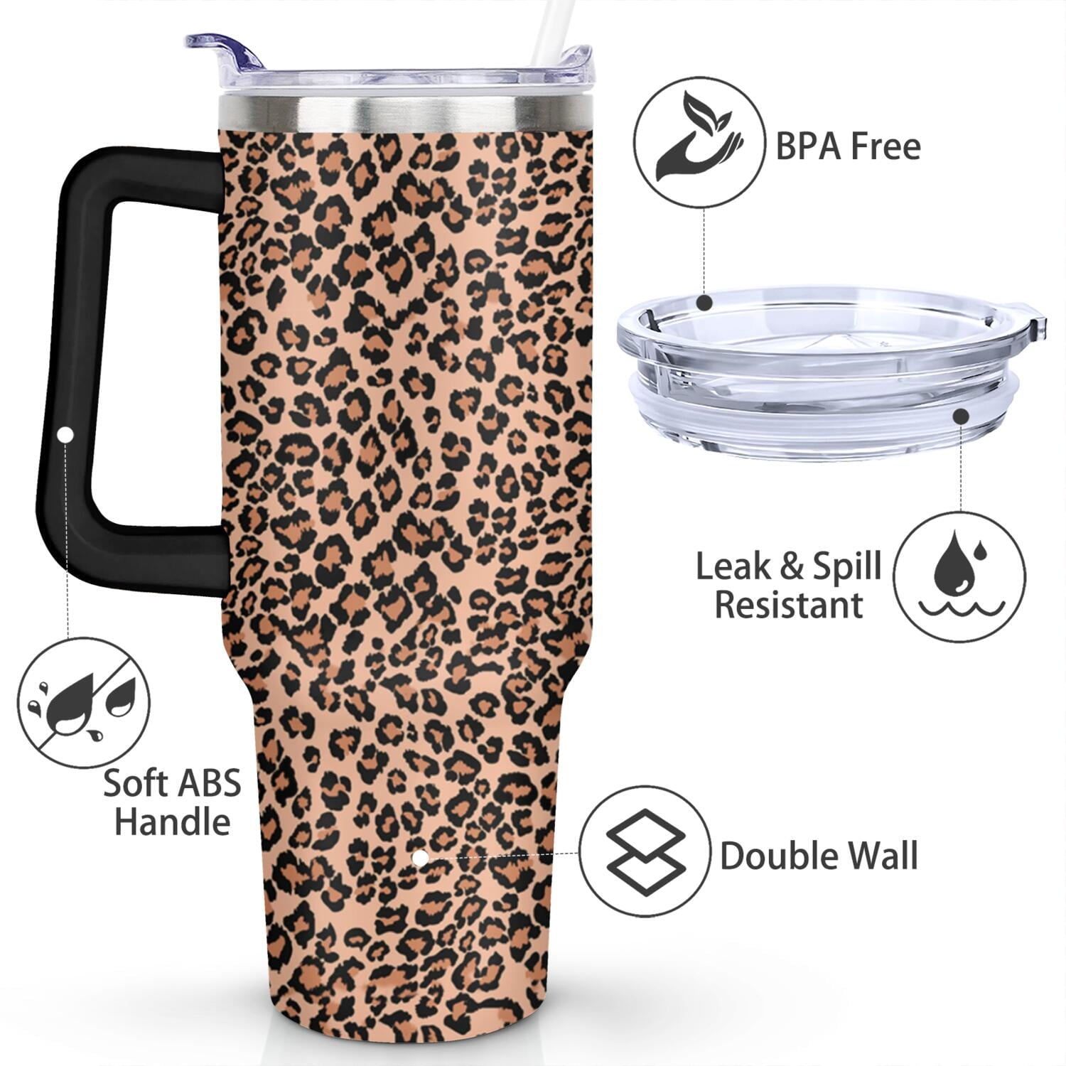 40oz Fashion Leopard Pattern Stainless Steel Flip Straw Tumbler Spill Proof Travel Cup Double Wall Vacuum Insulated Coffee Mug with Top Handle