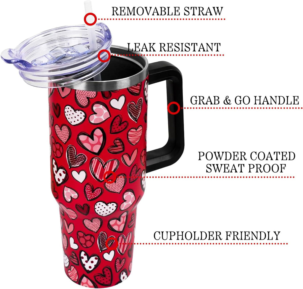 Valentines Day Gifts 40 oz Tumbler with Handle and Straw Lid,Cute Valentine''s Day Gift for Her Women Girlfriend Wife Red Love Hearts Vacuum Insulated Leak Proof Stainless Steel Coffee Cup Mug