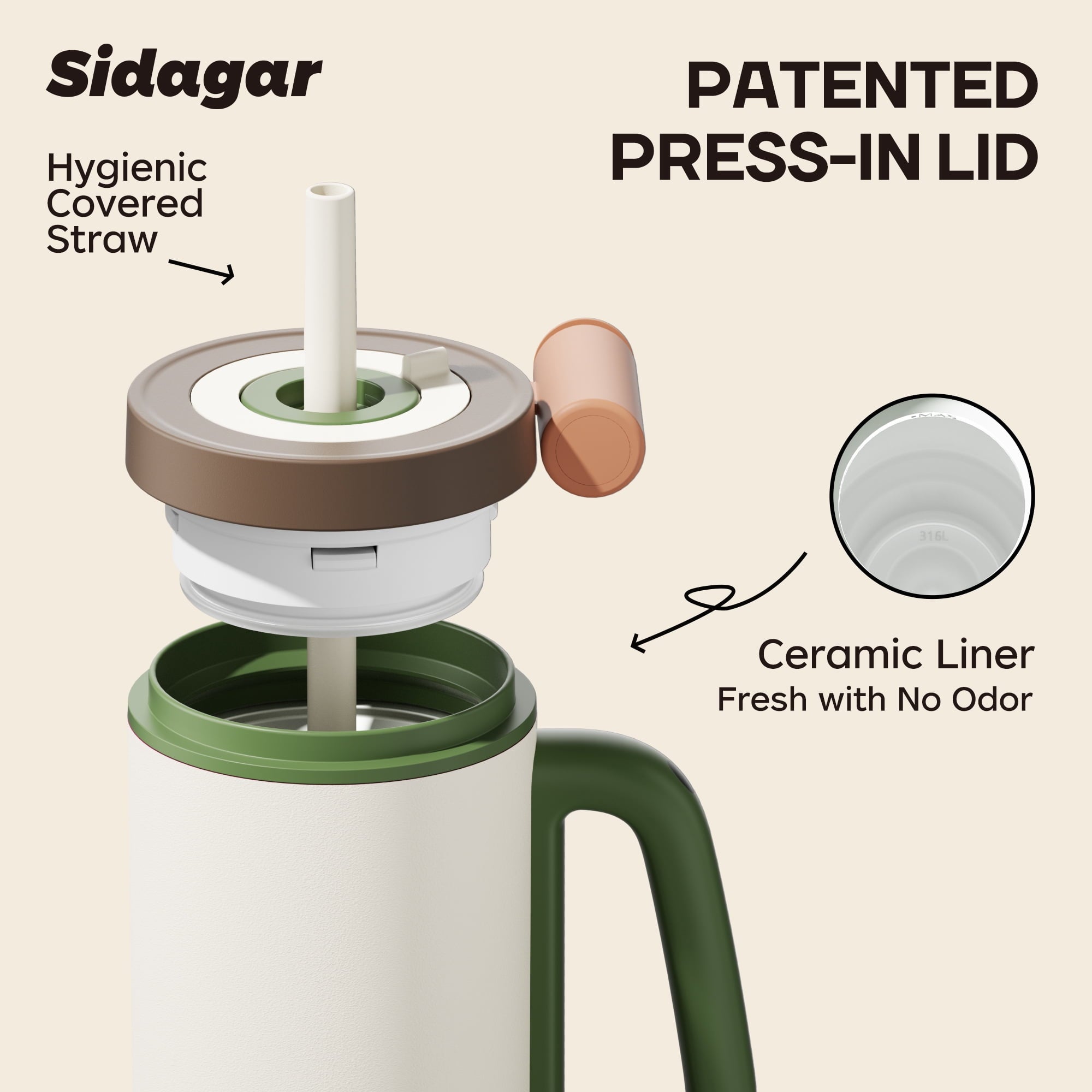 Sidagar 36 oz Stainless Steel Vacuum Insulated Ceramic Lined Tumbler, Cream Sprout White