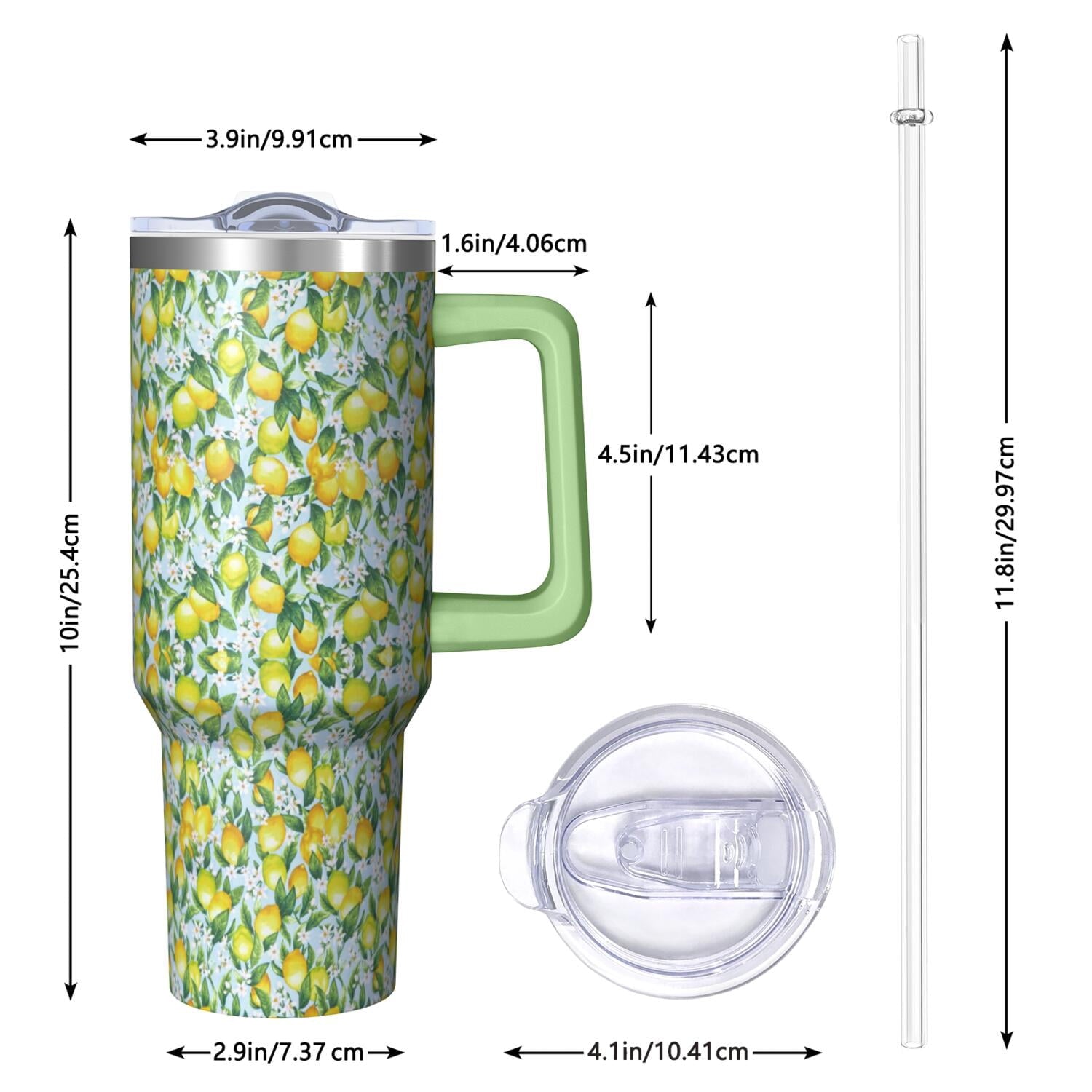 40 oz Lemon Theme Tumbler Spill Proof Lid 40oz Lemon Tumbler with Handle & Straw Double Insulated Travel Coffee Cup Lemon Lover Gifts for Men Women