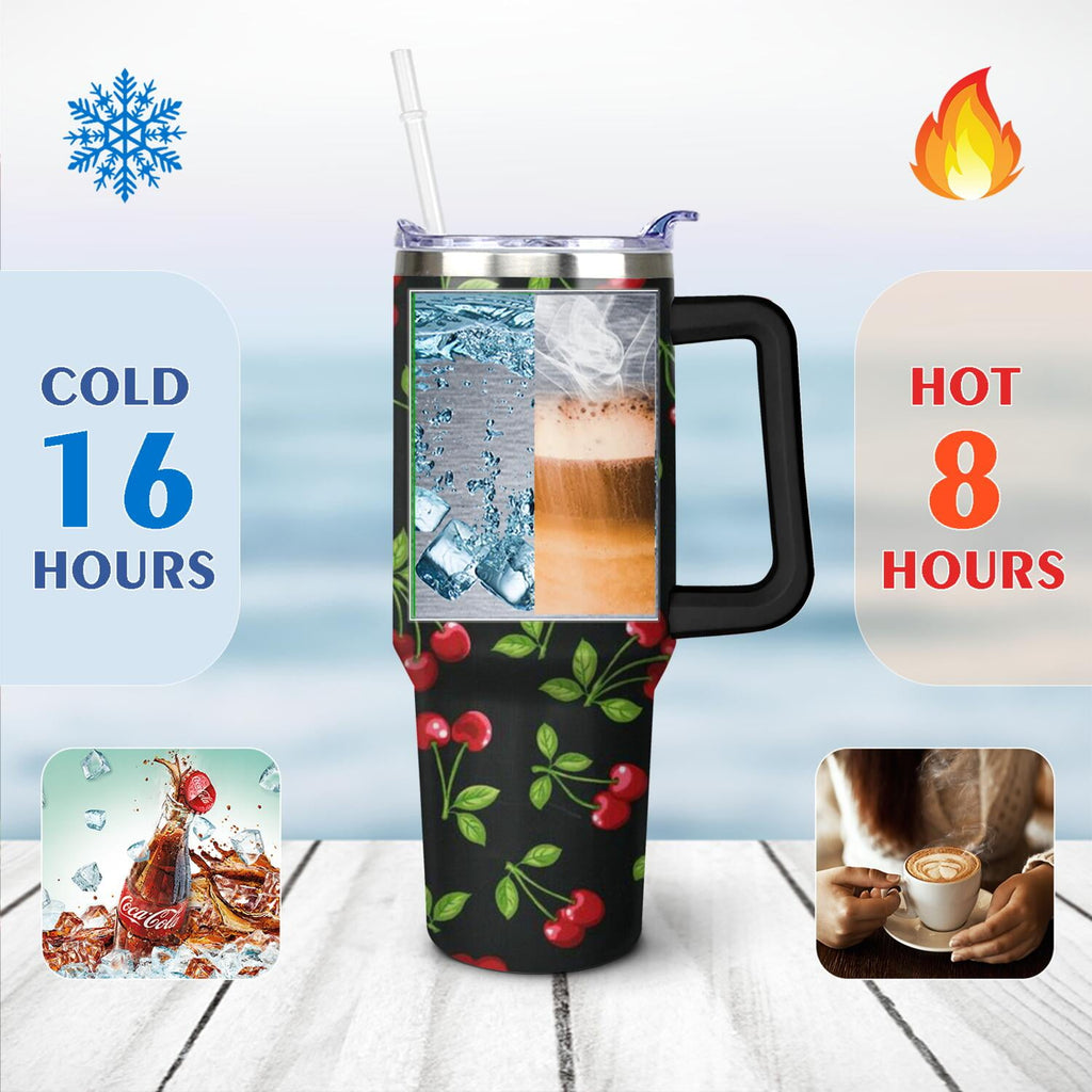 40oz Red Cherry Fruit Pattern Stainless Steel Flip Straw Tumbler Spill Proof Travel Cup Double Wall Vacuum Insulated Coffee Mug with Top Handle