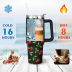 40oz Red Cherry Fruit Pattern Stainless Steel Flip Straw Tumbler Spill Proof Travel Cup Double Wall Vacuum Insulated Coffee Mug with Top Handle