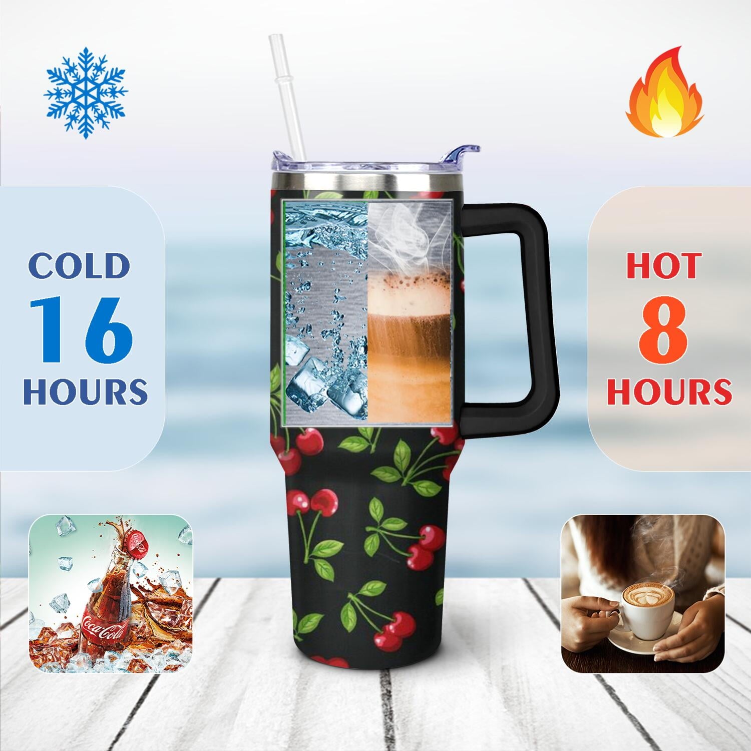 40oz Red Cherry Fruit Pattern Stainless Steel Flip Straw Tumbler Spill Proof Travel Cup Double Wall Vacuum Insulated Coffee Mug with Top Handle