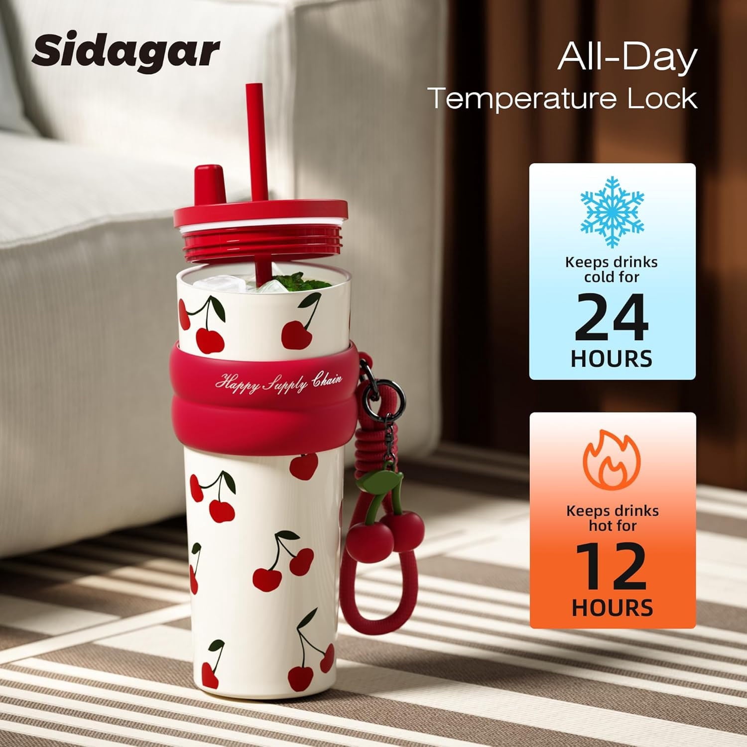 Sidagar 24 oz Stainless Steel Vacuum Insulated Coffee Travel Tumbler with Straw Lid, Red Cherry