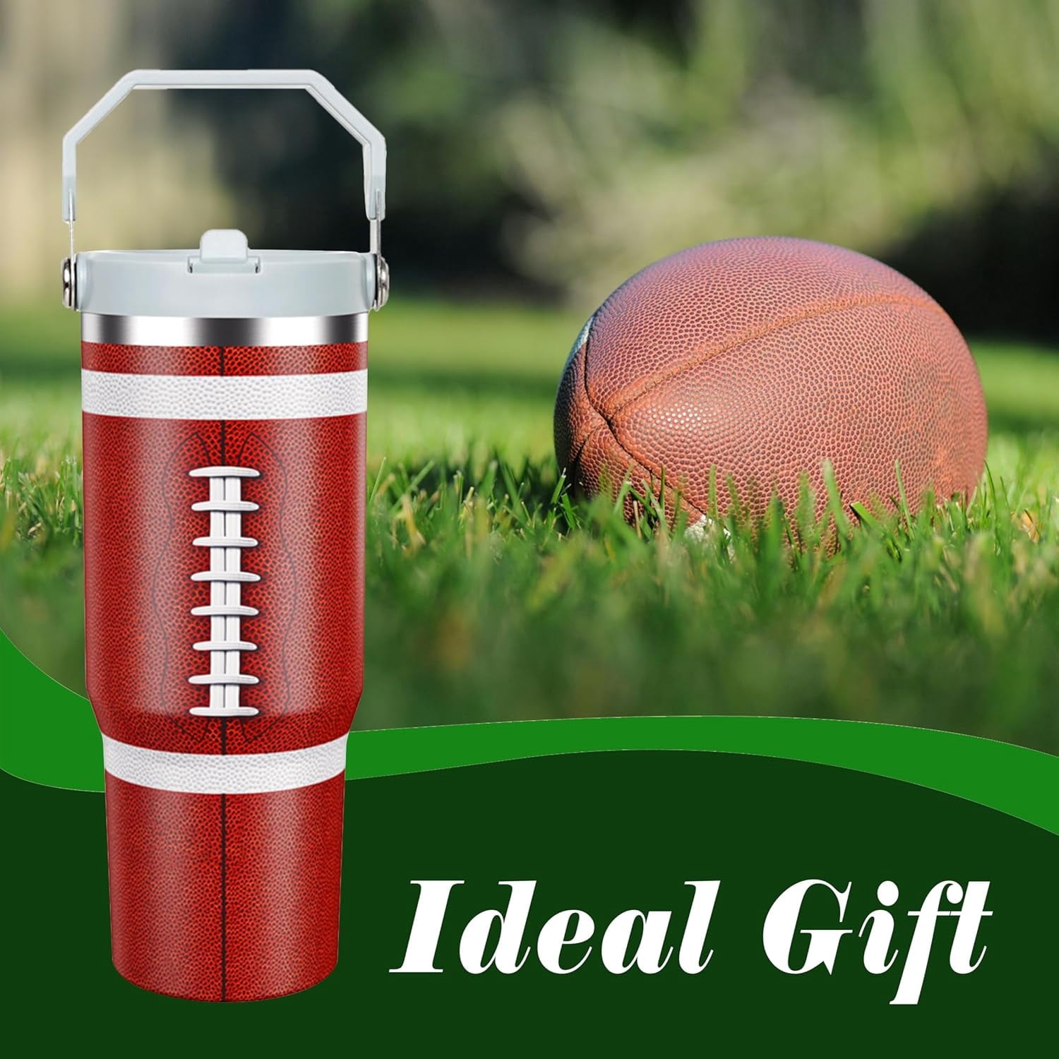 Football Lover Gift 30 oz Flip Straw Tumbler with Top Handle Football Pattern BPA-Free Leak Proof Stainless Steel Insulated Vacuum Flip Top Water Bottle for Sporting Working