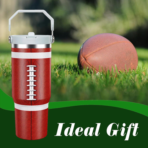Football Lover Gift 30 oz Flip Straw Tumbler with Top Handle Football Pattern BPA-Free Leak Proof Stainless Steel Insulated Vacuum Flip Top Water Bottle for Sporting Working