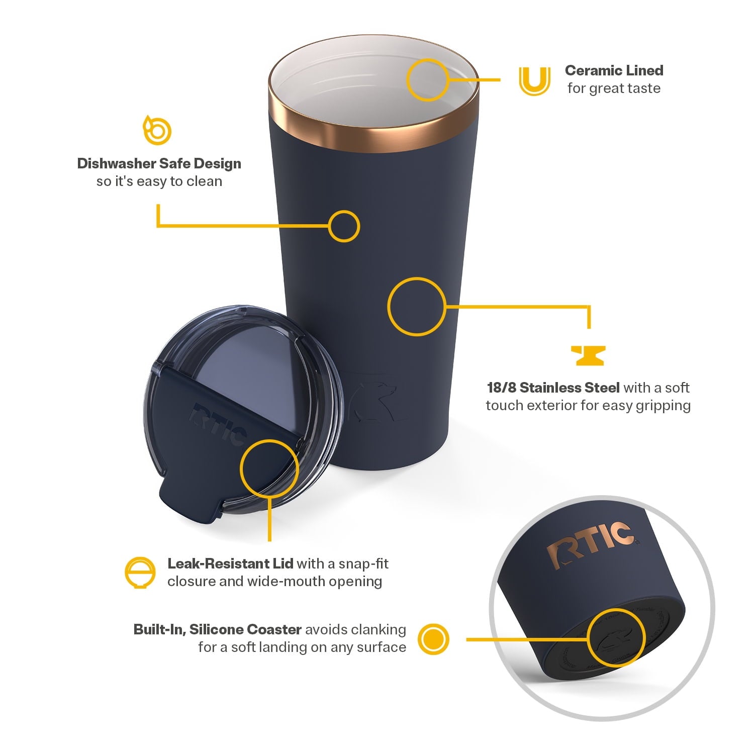RTIC 18 oz Ceramic Lined Insulated Happy Hour Pint Tumbler, Leak Resistant Lid, Soft-Touch Exterior, Dark Midnight Dust