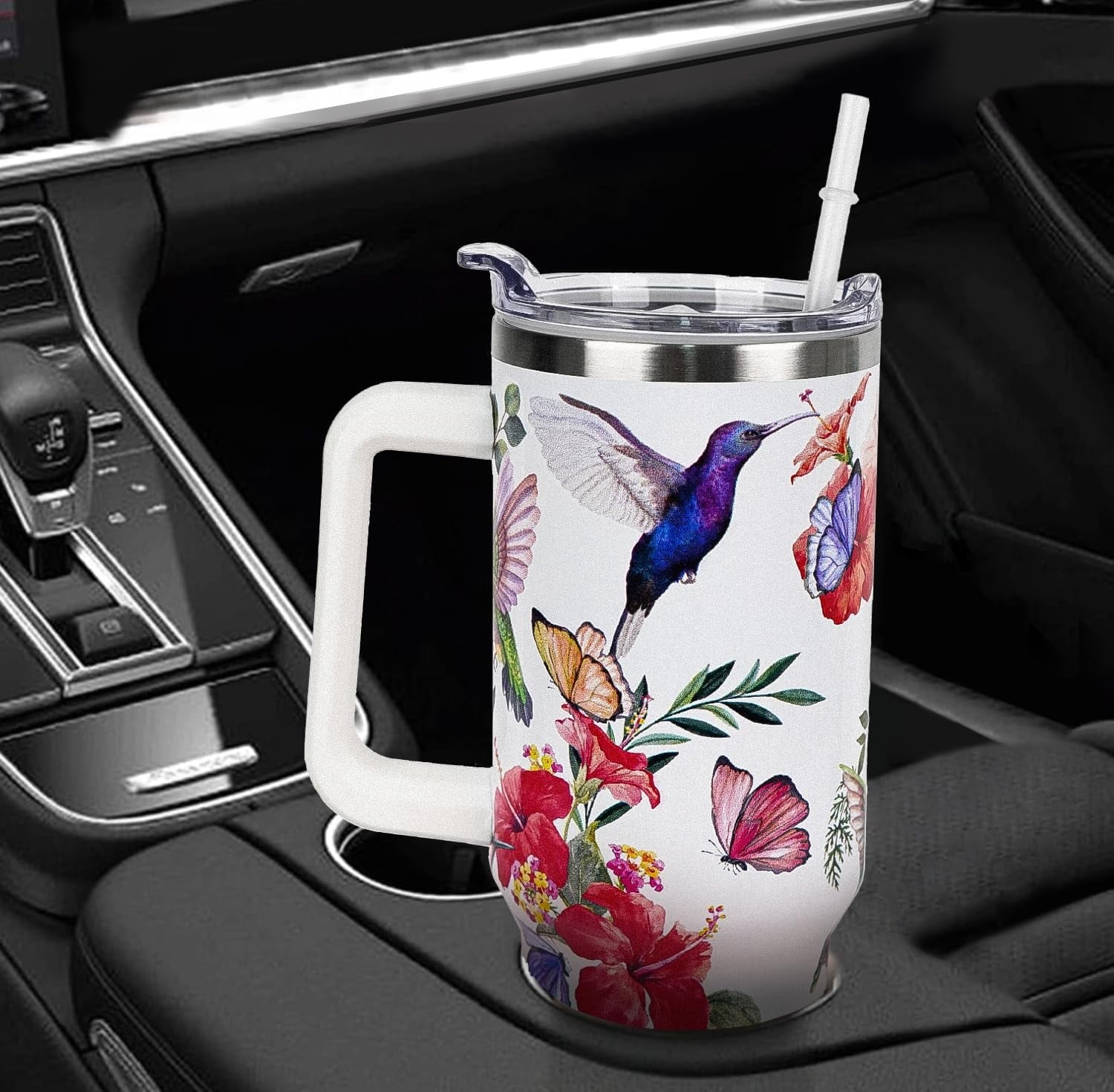 40 oz Tumbler with Handle and Straw Leak Proof Tumbler 40 oz Insulated Cup with Handle Hummingbird Coffee Travel Mug 40 oz Hummingbird Tumbler with Handle Hummingbird Gifts for Women