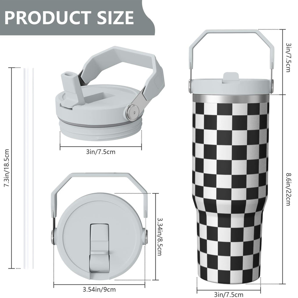 1pc Black and white grid 30oz Tumbler with Straw & Handle - Insulated Stainless Steel Cup | Holiday Gift for Man Women (Christmas, Valentine's, Birthday)