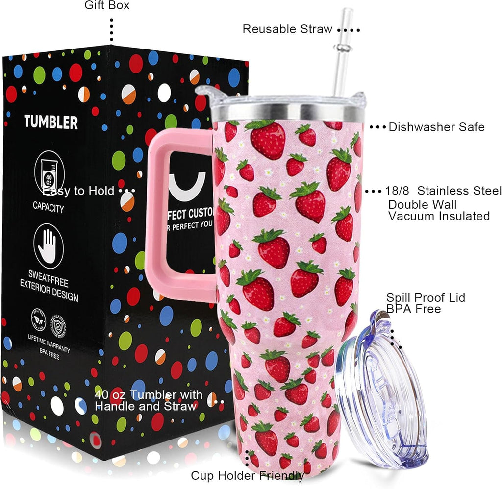 Strawberry Cup 40 OZ Tumbler with Handle and Straw Lid Leak Proof - Strawberry Travel Coffee Mug with Handle Insulated for Hot Cold Ice - Birthday Gifts for Women Stainless Steel Cup