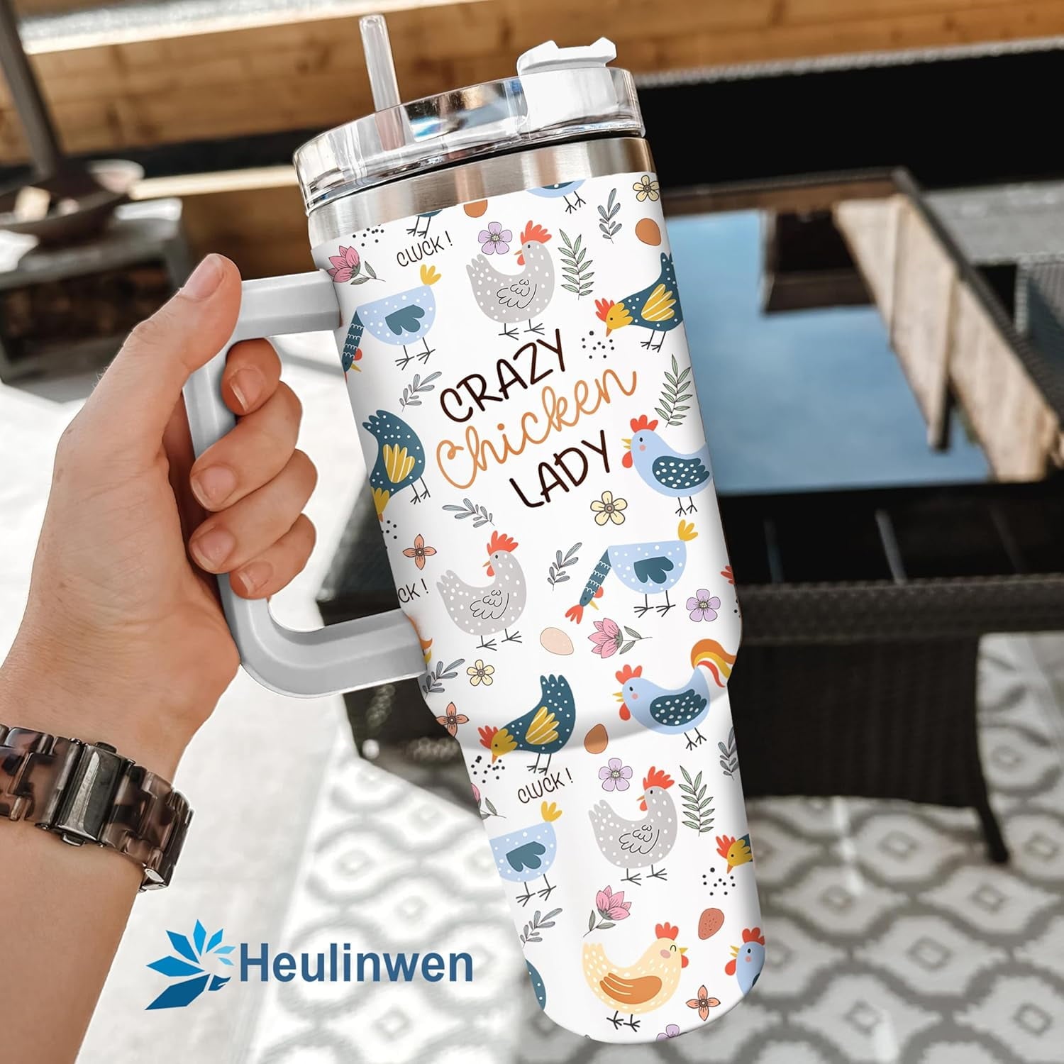 40 oz Chicken Tumbler with Handle and Straw - Chicken Tumbler for Chicken Lovers - Chicken Cup - Chicken Farmer Gifts for Women - Chicken Themed Gift - Crazy Chicken Lady Gifts for Christmas, Birthday