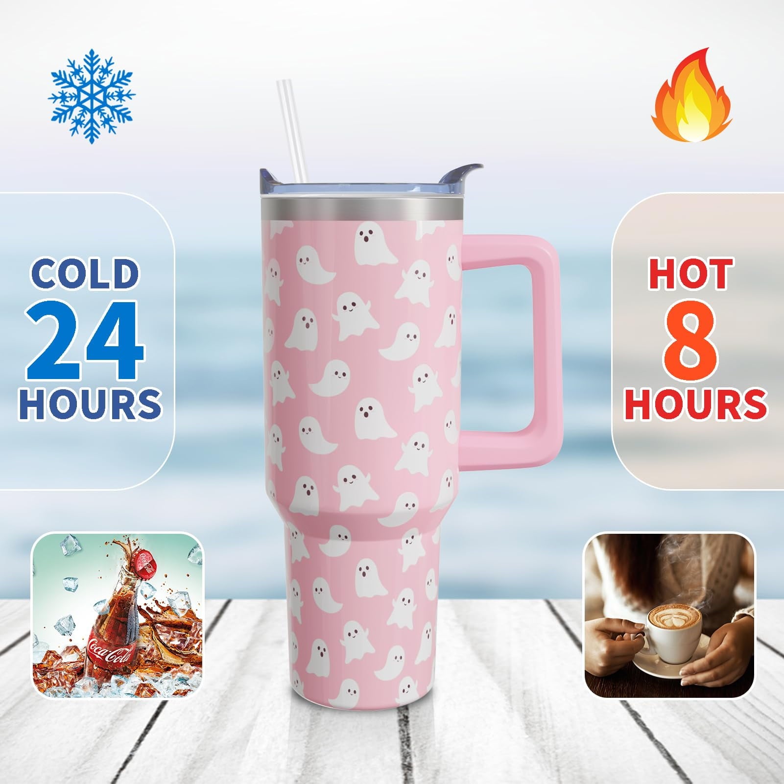 40 Oz Tumbler with Handle and Straw, Cute Stainless Steel Double Walled Vacuum Insulated Cup, Holiday Gifts for Women Girls