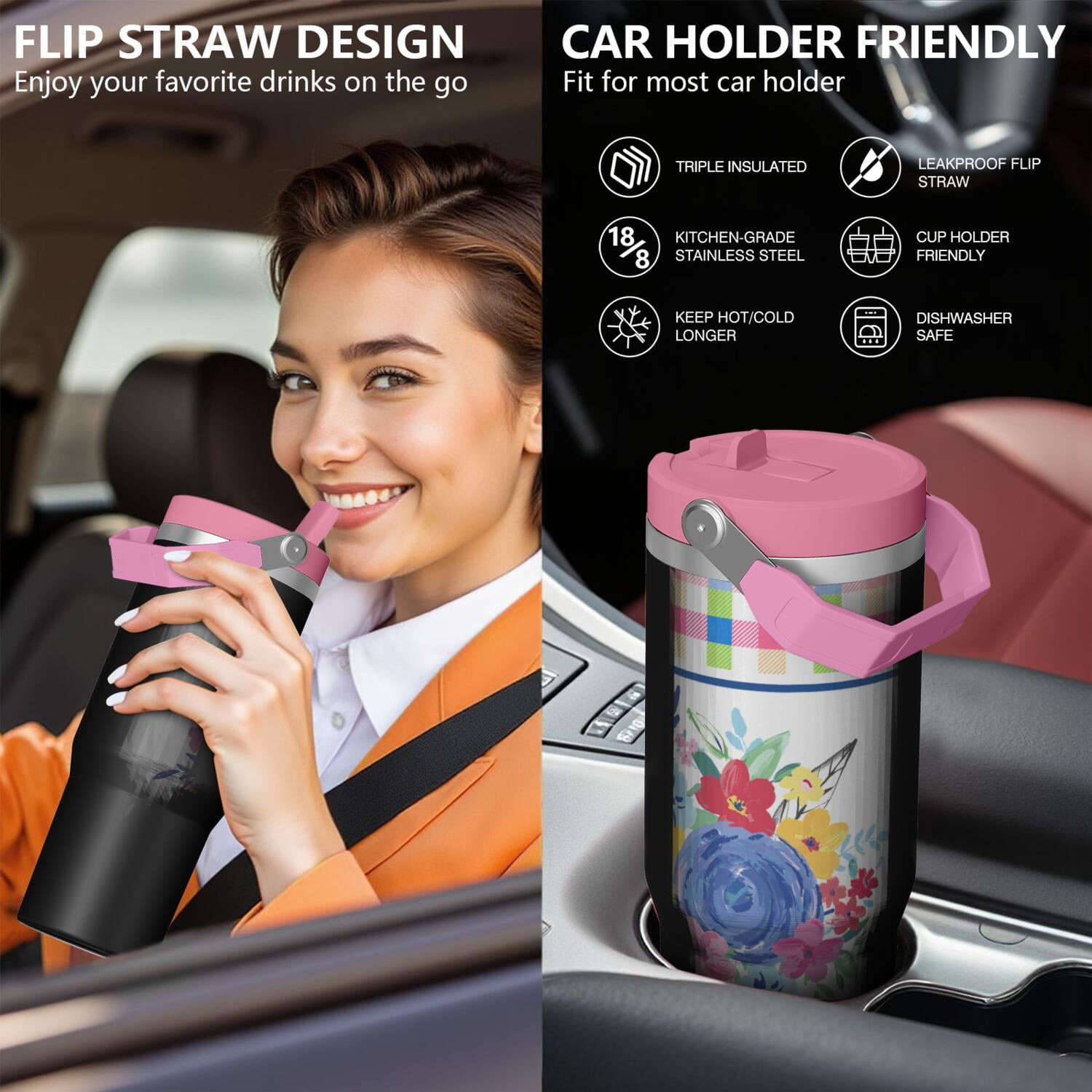 30oz Pioneer Colorful Floral Stainless Steel Flip Straw Tumbler with Lid and Straw Spill Proof Travel Cup Double Wall Vacuum Insulated Coffee Mug with Top Handled Pink