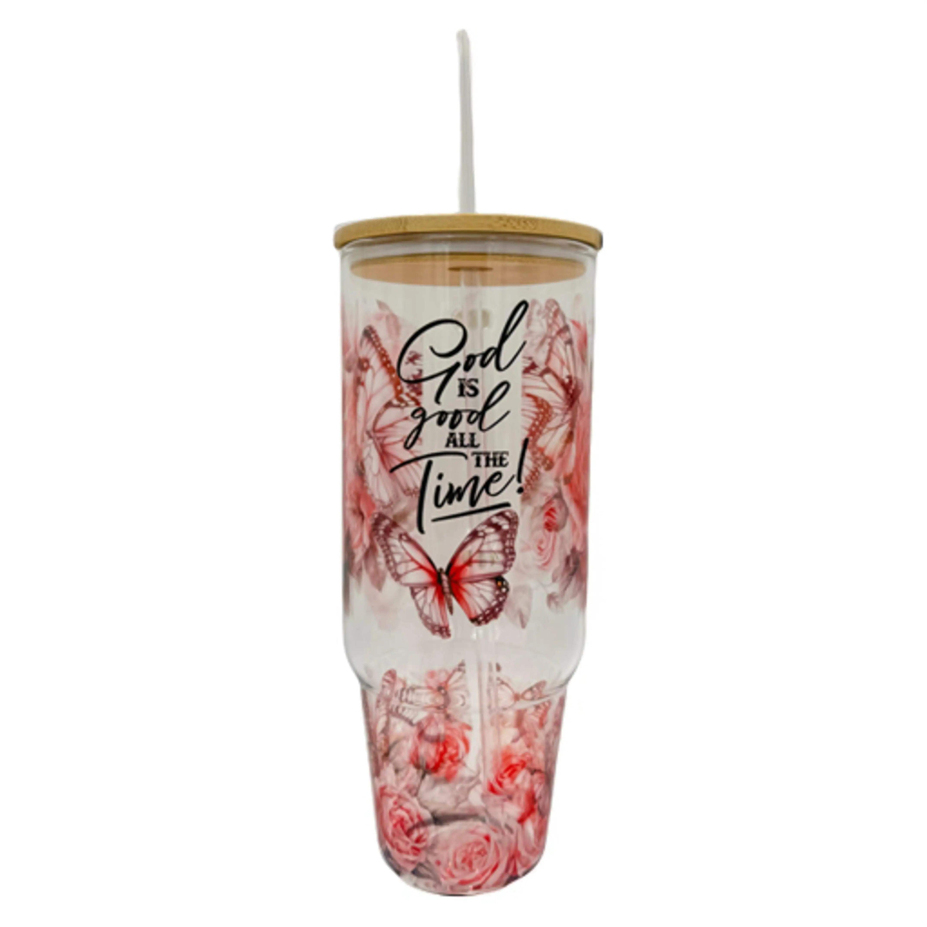 32oz or 40oz God Is Good All The Time custom Sublimation Printed Clear or Frost Glass Tumbler, Mug, Cup with Handle