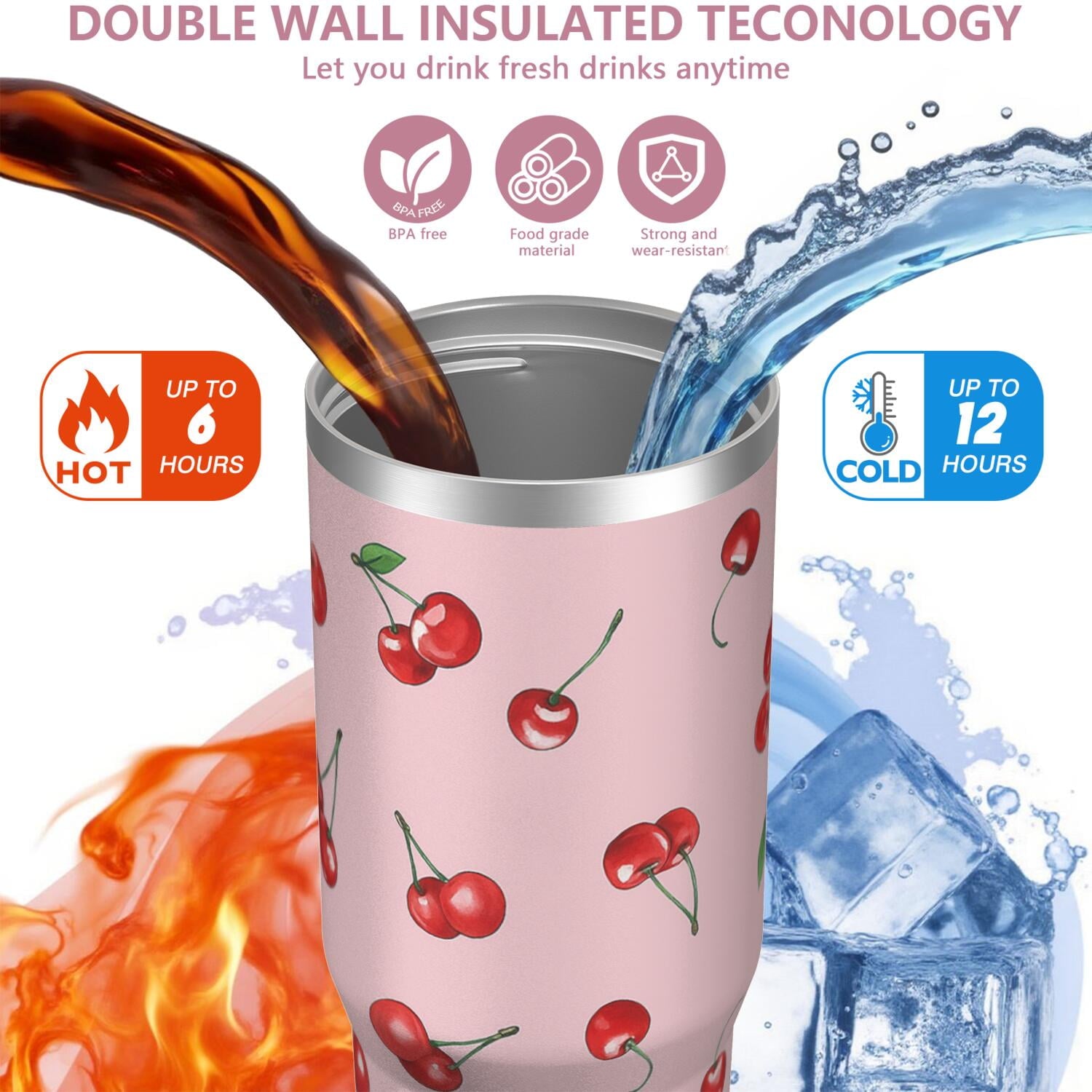 1pc cherry 30oz Tumbler with Straw & Handle - Insulated Stainless Steel Cup | Holiday Gift for Man Women (Christmas, Valentine's, Birthday)