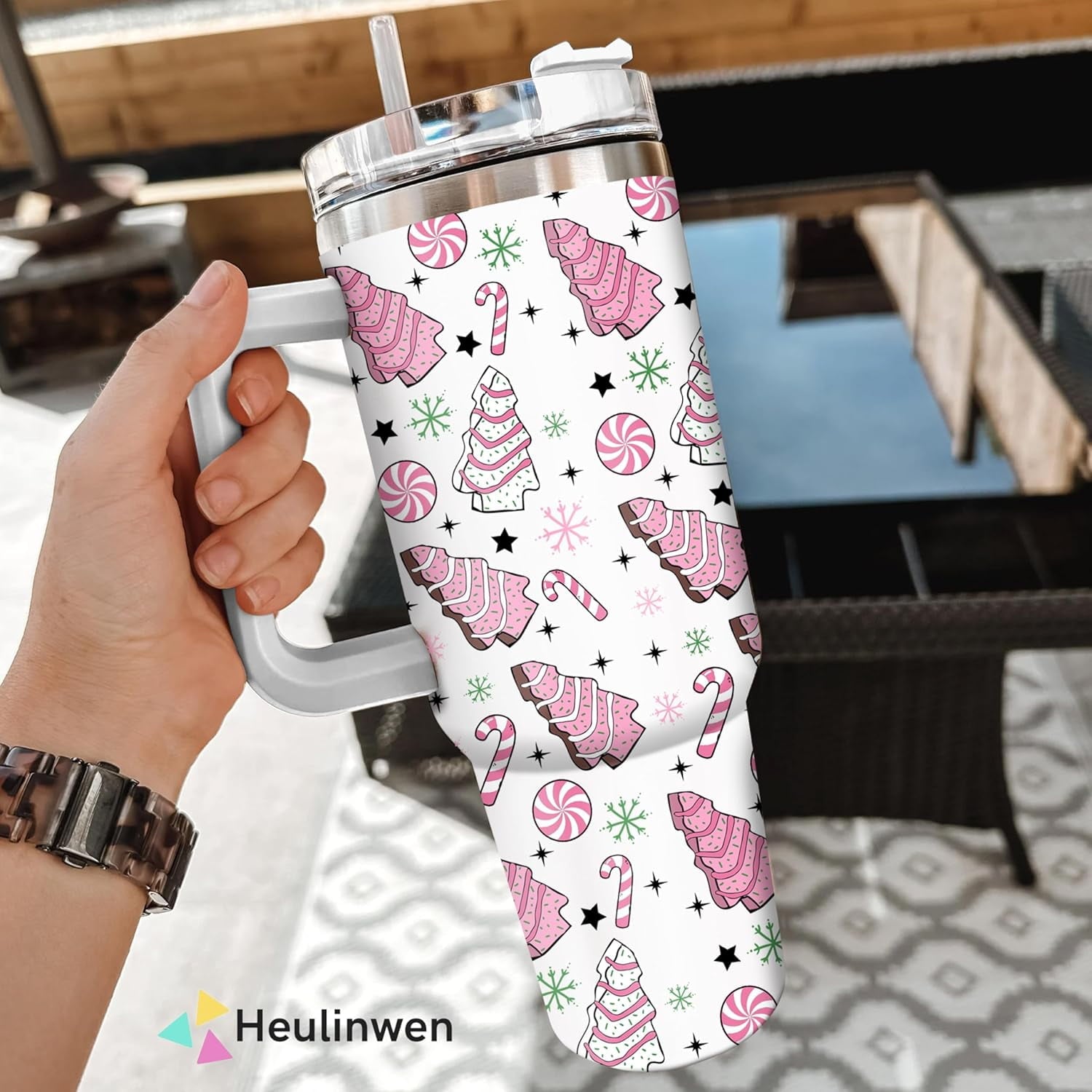 Pink Christmas Tree Cakes Stainless Steel Tumbler 40Oz With Handle Insulated Tumbler Holiday Coffee Travel Mug for Tea, Latte, Hot Chocolate Seasonal Xmas Gifts for Women Men Coworker or Friends