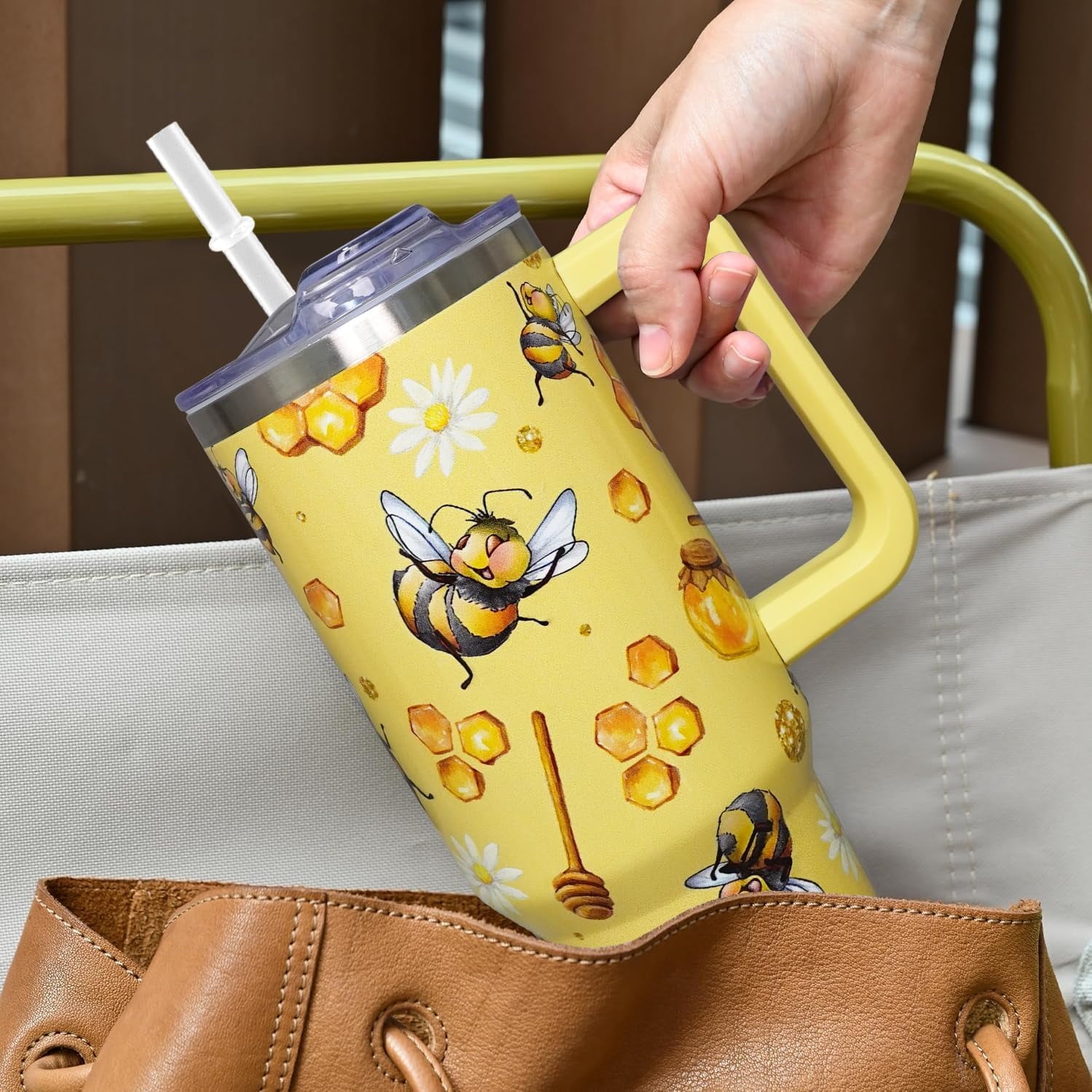 40oz Bee Tumbler With Handle Lid and Straw -Bee gifts for women Bee Travel Coffee Cup-Bee Gifts For Bee Lover-Bee Mugs