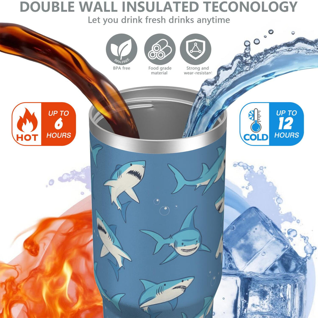 1pc shark 30oz Tumbler with Straw & Handle - Insulated Stainless Steel Cup | Holiday Gift for Man Women (Christmas, Valentine's, Birthday)