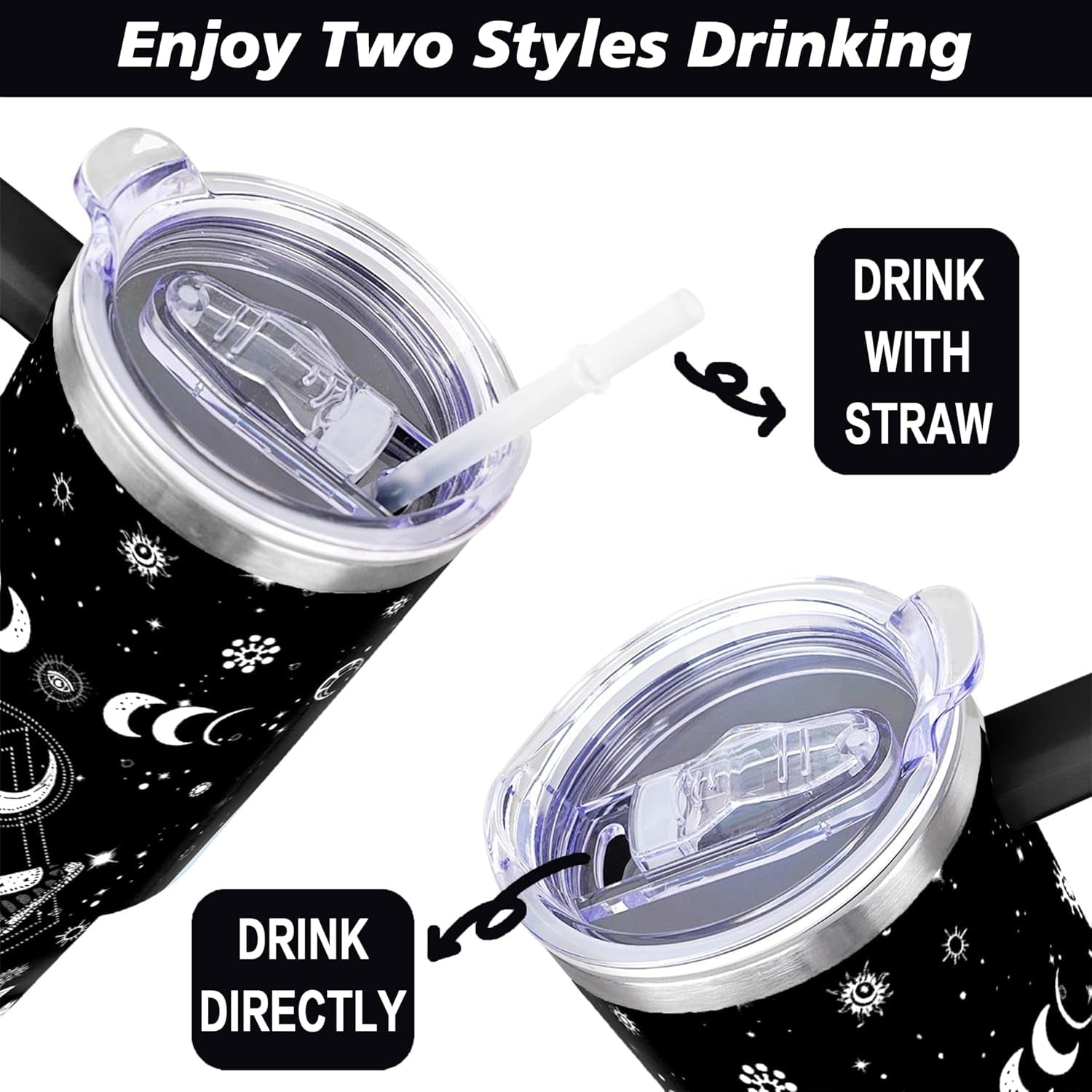 40oz Goth Gothic Tumbler with Handle and Straw, Stainless Steel Vacuum Insulated Flip Straw Butterfly Moon Tumbler, Spill Proof Travel Mug, Witch Decor Gifts for Women