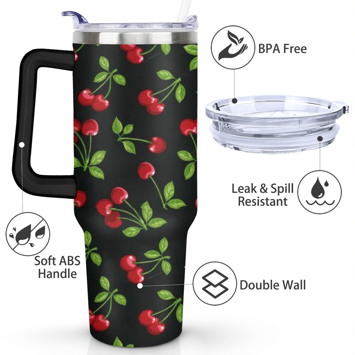 40oz Red Cherry Fruit Pattern Stainless Steel Flip Straw Tumbler Spill Proof Travel Cup Double Wall Vacuum Insulated Coffee Mug with Top Handle