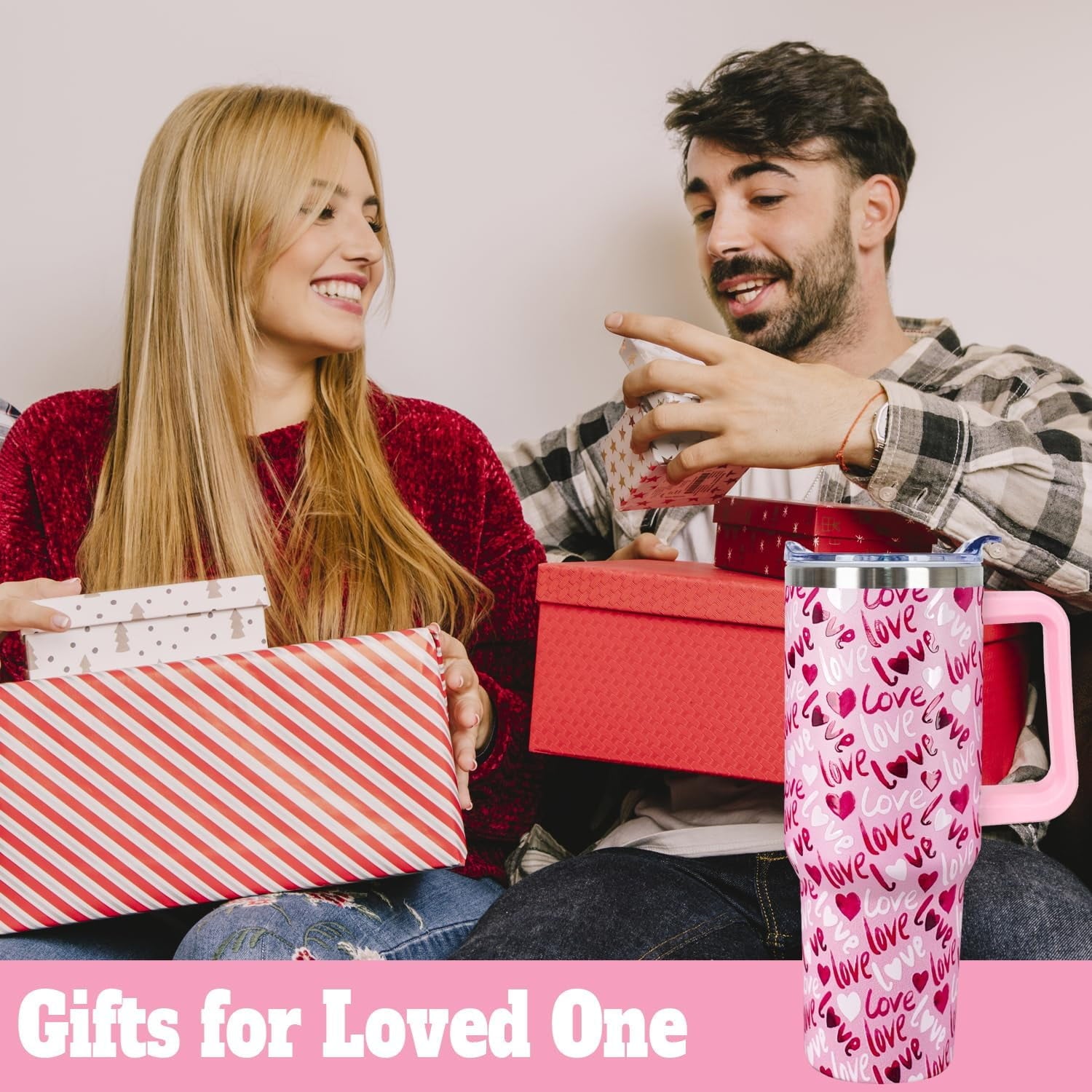 40 Oz Valentines Day Tumbler 3d-Printed Pink Love Tumbler Gifts for Couple Women Men Insulated Travel Cup with Handle Lid and Straw