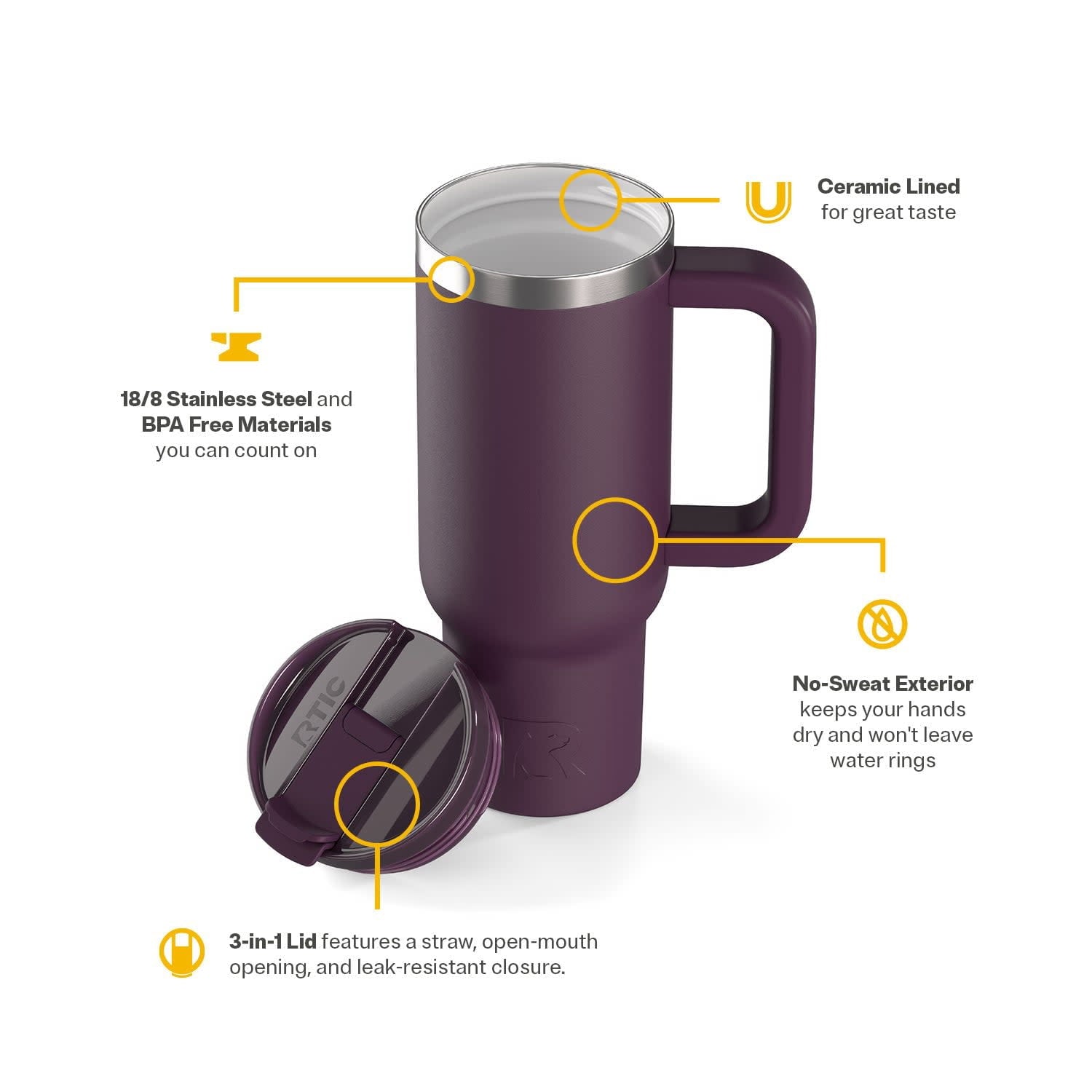 RTIC 30 oz Ceramic Lined Road Trip Tumbler with Handle and Leak-Resistant Straw Lid, Plum