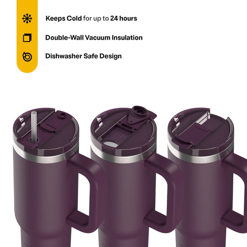 RTIC 30 oz Ceramic Lined Road Trip Tumbler with Handle and Leak-Resistant Straw Lid, Plum