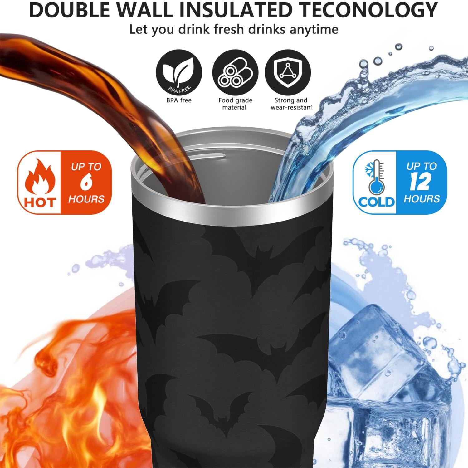 1pc Halloween Bat 30oz Tumbler with Straw & Handle - Insulated Stainless Steel Cup | Holiday Gift for Man Women (Christmas, Valentine's, Birthday)