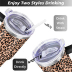 40oz Fashion Leopard Pattern Stainless Steel Flip Straw Tumbler Spill Proof Travel Cup Double Wall Vacuum Insulated Coffee Mug with Top Handle