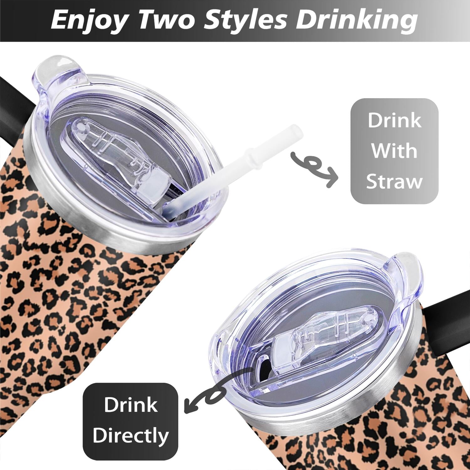 40oz Fashion Leopard Pattern Stainless Steel Flip Straw Tumbler Spill Proof Travel Cup Double Wall Vacuum Insulated Coffee Mug with Top Handle