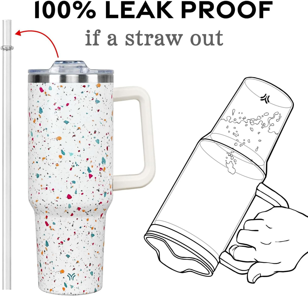 40oz Tumbler with Handle and Straw Lid | Vacuum Insulated Leak Proof Tumbler | Stainless Steel Travel Mug Water Bottle Cup Keeps Cold & Hot | Terrazzo