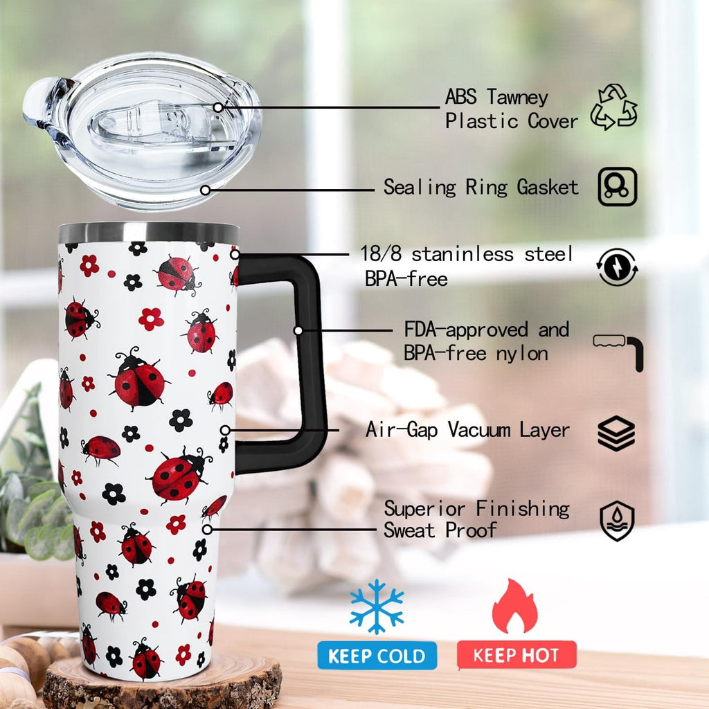 40 Oz Ladybug Tumbler With Handle - Coffee Travel Mug Cup Water Bottle, Strawberry Decor - Gifts for Women